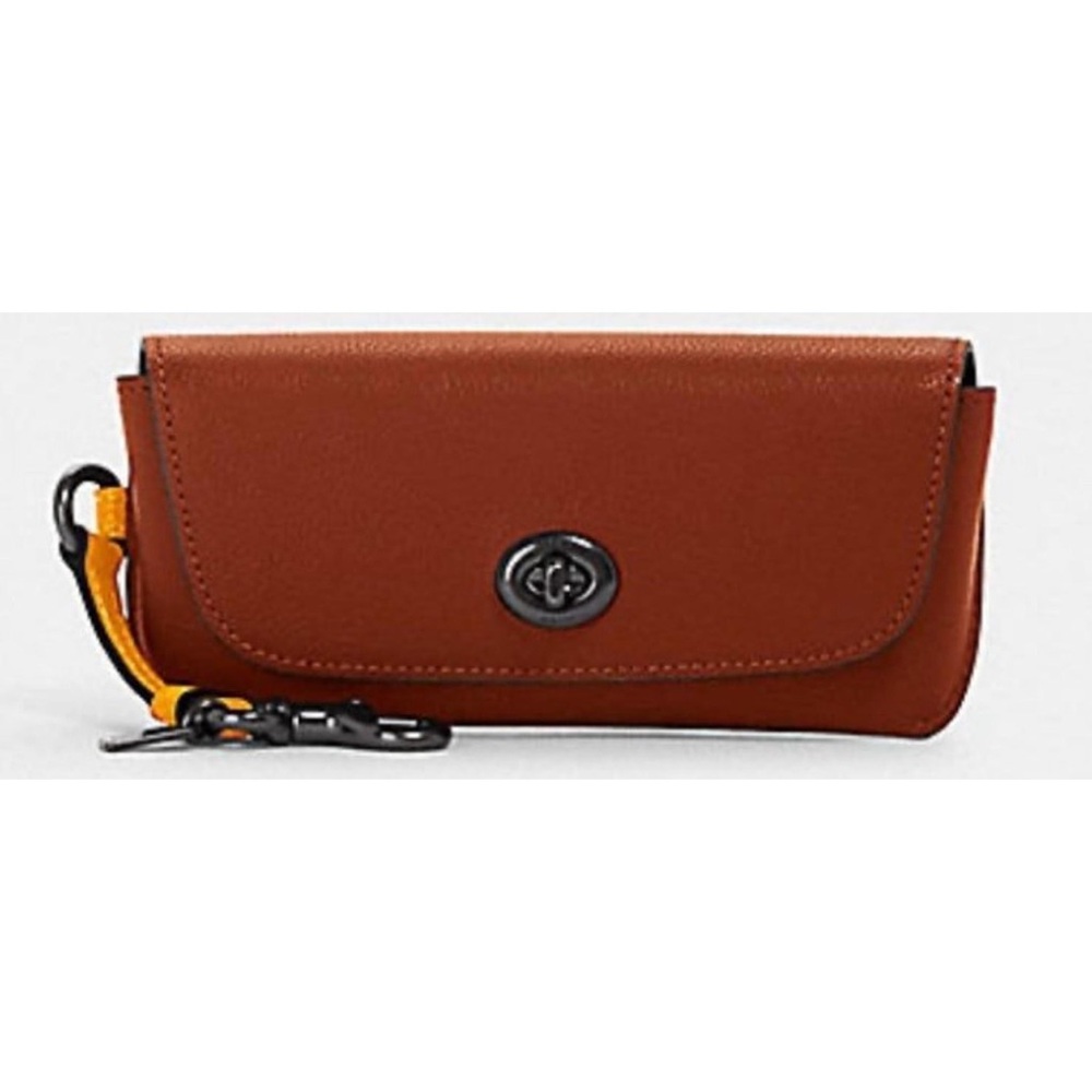 NWT Coach Brown Leather Sunglasses Case with Yellow Strap